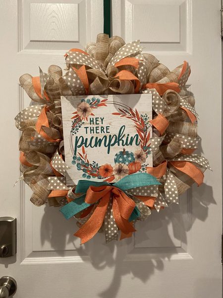 Hey There Pumpkin fall mesh wreath in burlap, orange and teal